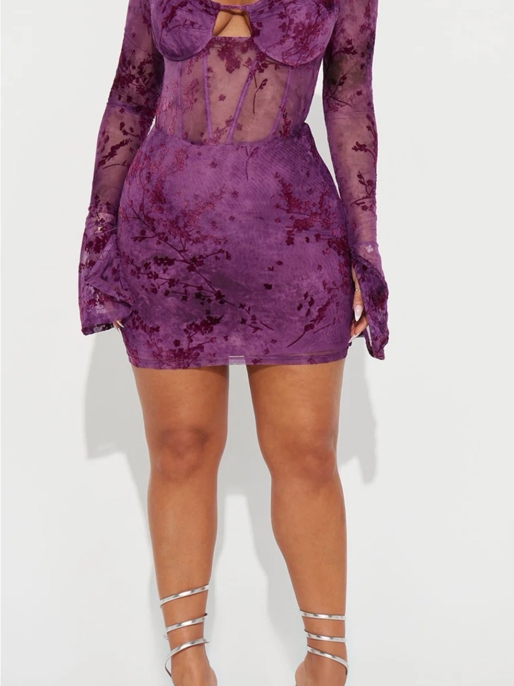 FASHION NOVA Plum Floral (Riley Mesh- Bustier Mini Dress) Size: Medium - Picture 6 of 6